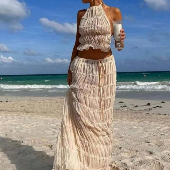 Beige Boho Women's Sexy Backless pleated Transparent Halter Neck top & skirt set - Picture 1 of 8